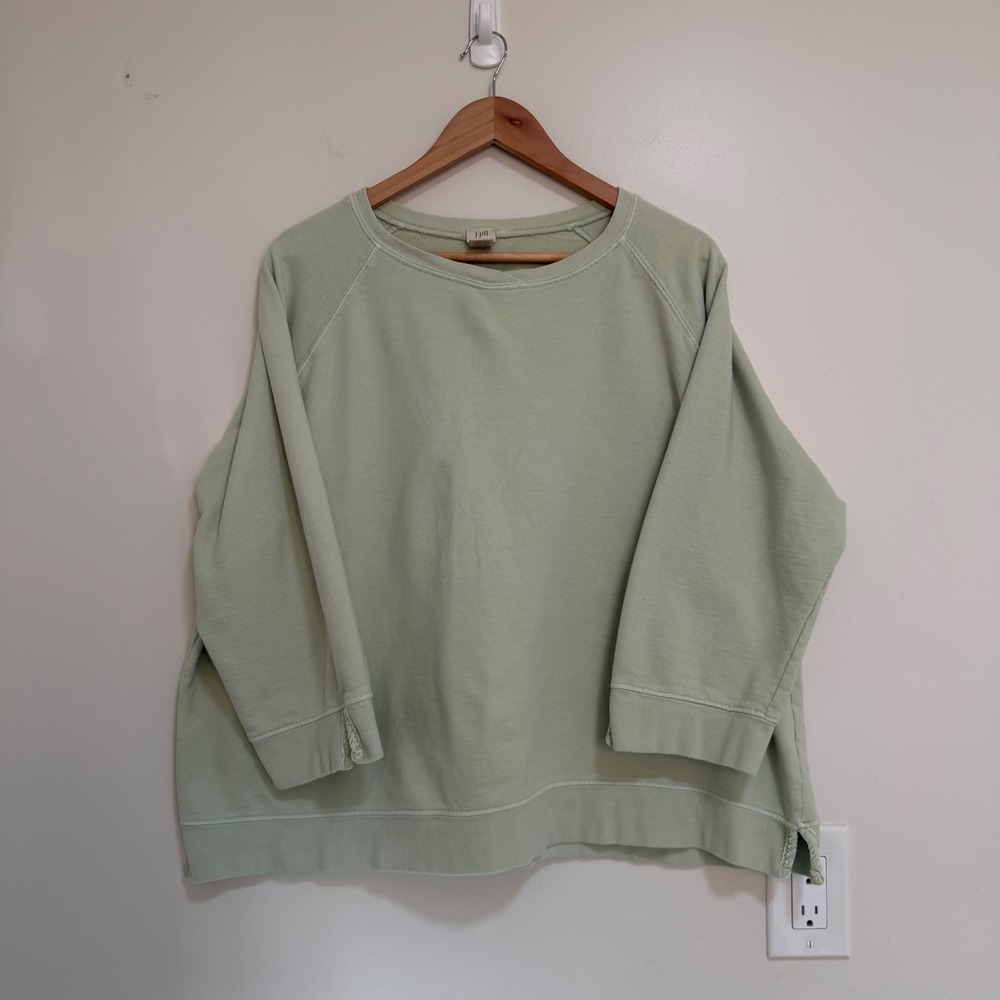 J.Jill French Terry Sweatshirt Womens XL Sage Green Velvet Trim Minimalist